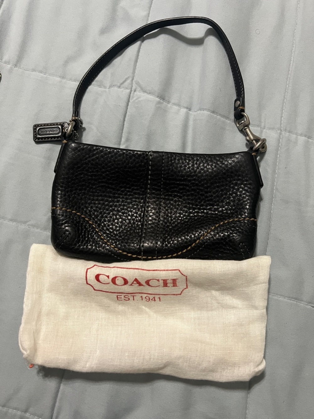 Coach Black Pebbled Leather Mini Wristlet with Contrast Stitching